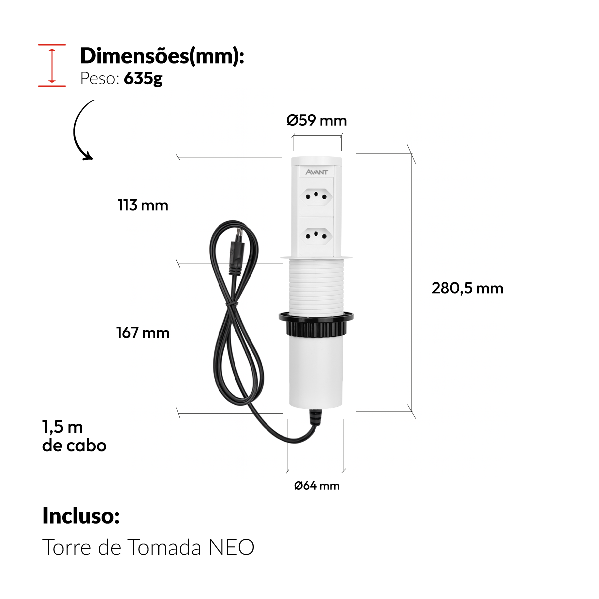 Torre 2 Tomadas Houdini Embutir Automática 16A Branco Avant