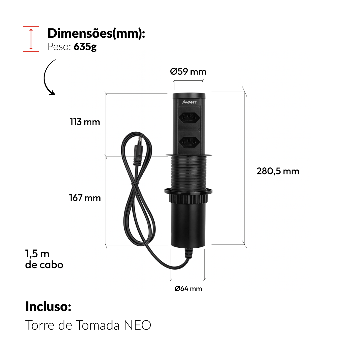 Torre 2 Tomadas Houdini Embutir Automática 16A Preto Avant
