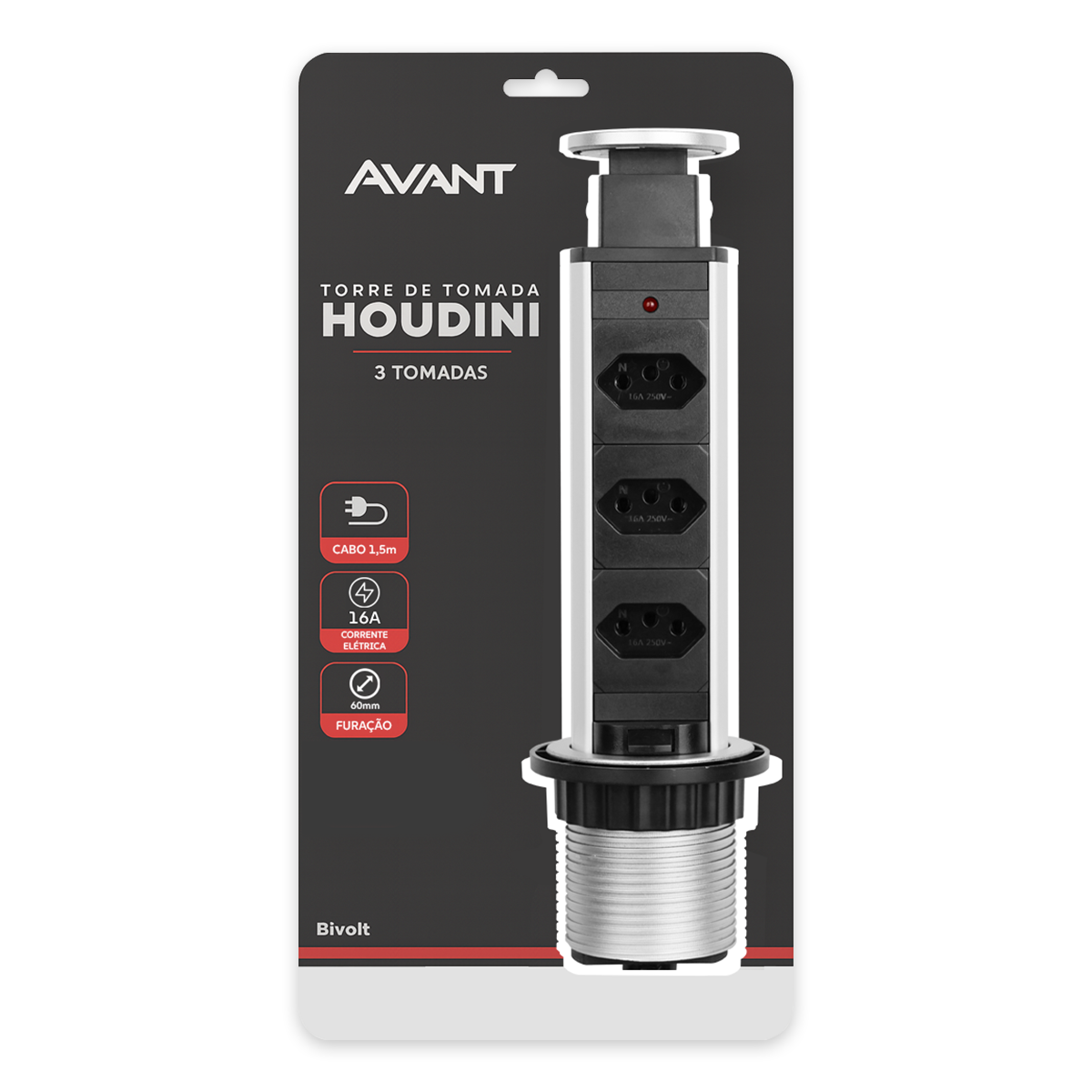 Torre 3 Tomadas Houdini Embutir 16A Automática Prata Avant