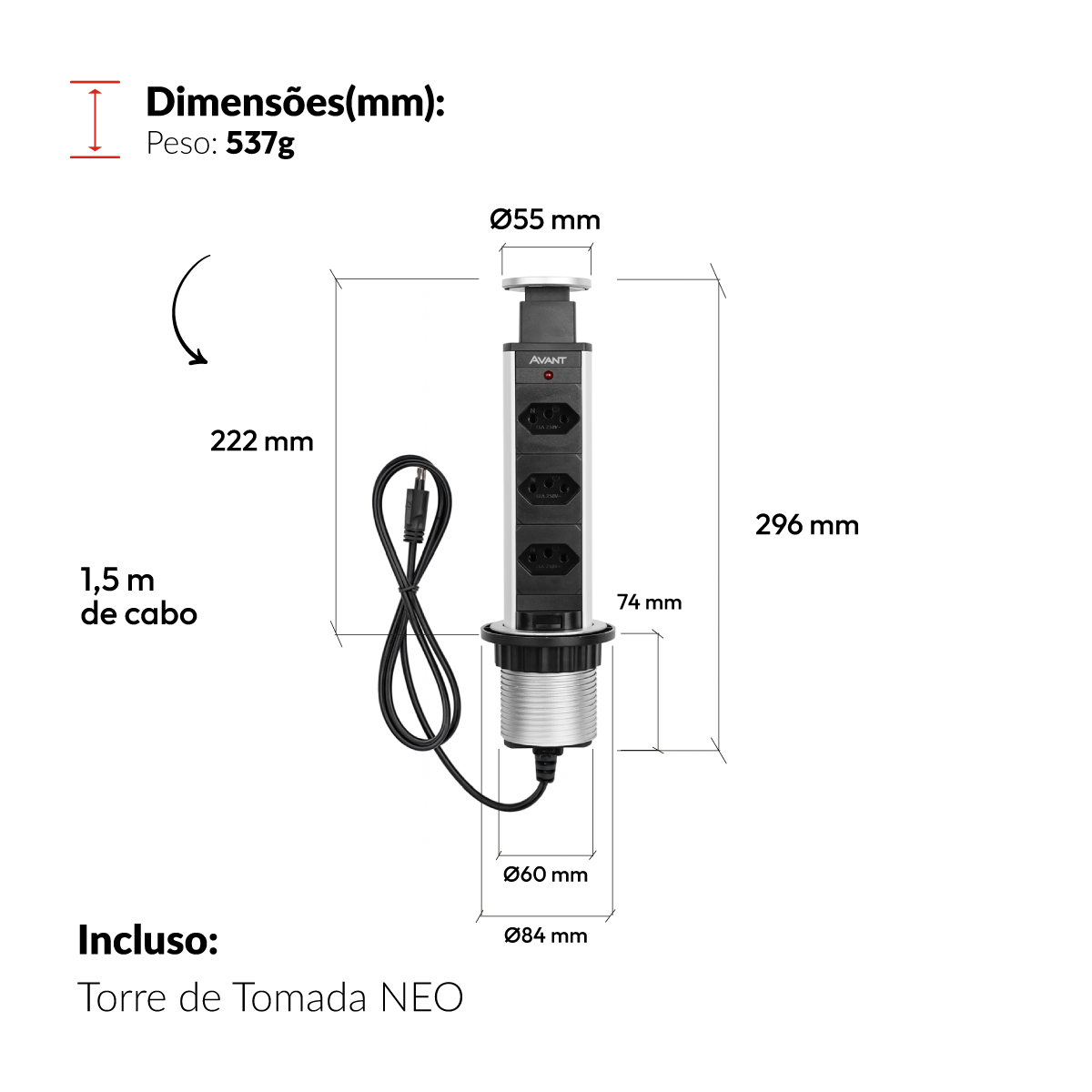 Torre 3 Tomadas Houdini Embutir 16A Automática Prata Avant
