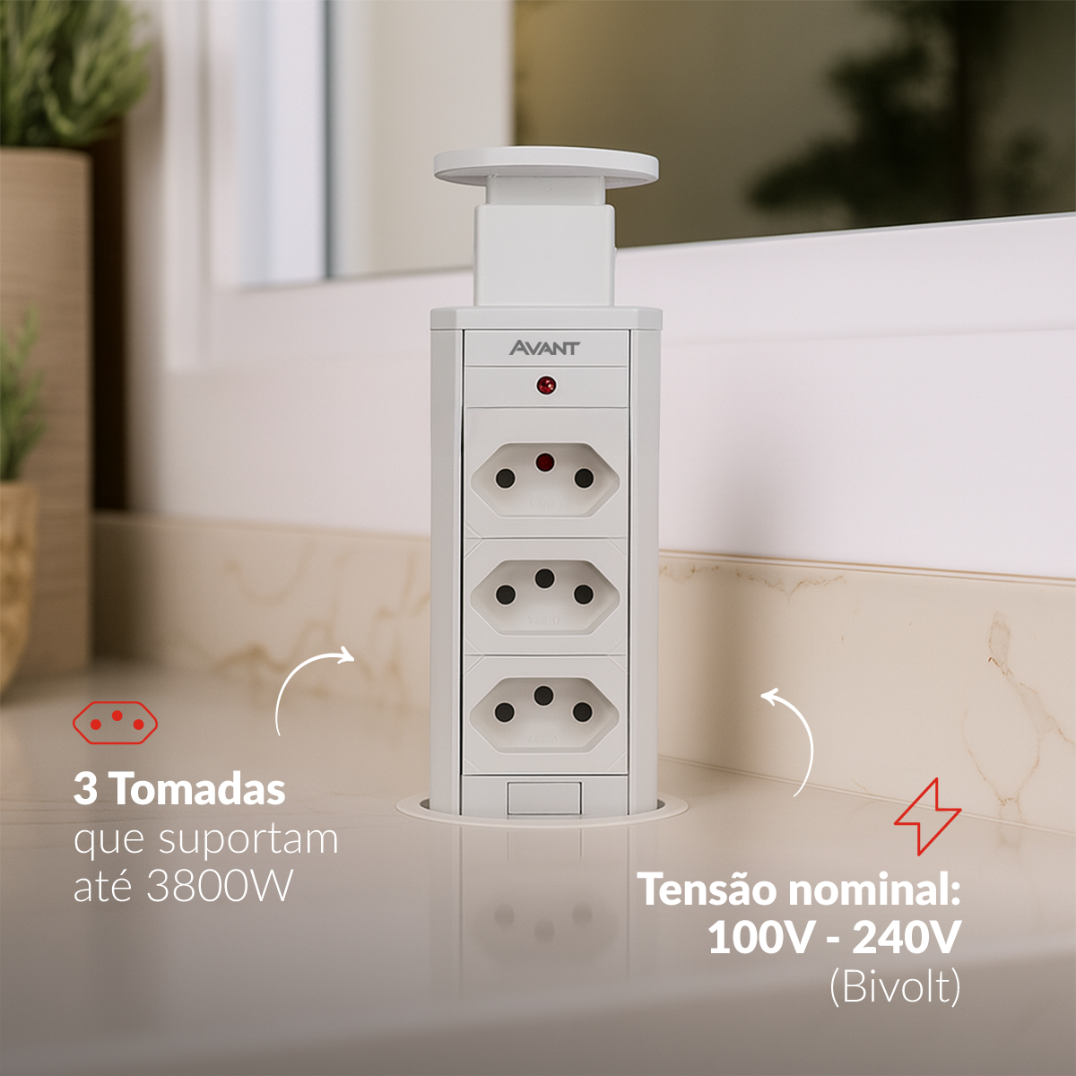 Torre 3 Tomadas Houdini Embutir 16A Retrátil Branco Avant