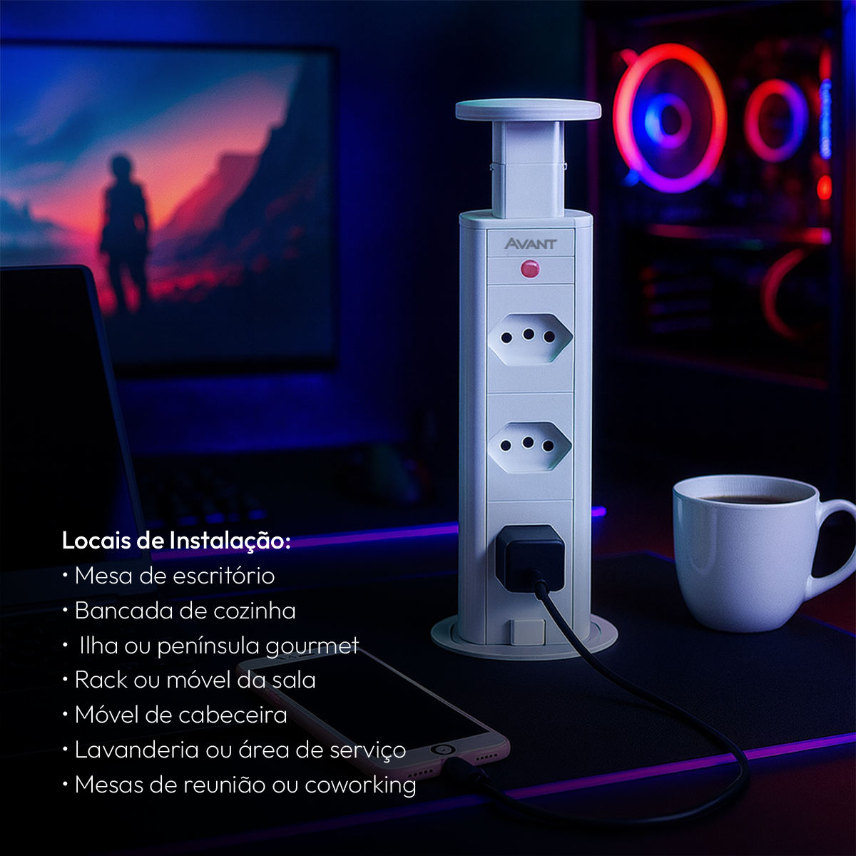 Torre 3 Tomadas Houdini Embutir 16A Retrátil Branco Avant