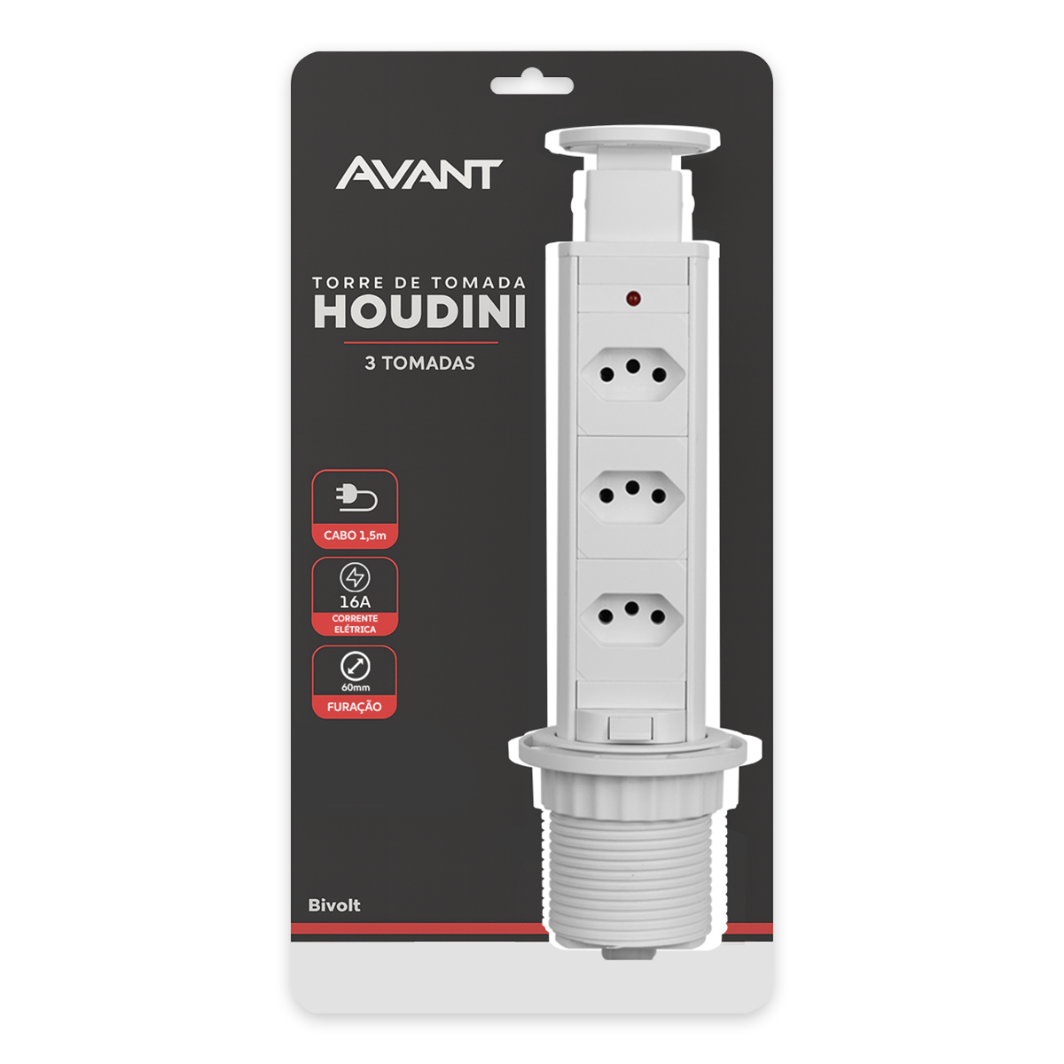 Torre 3 Tomadas Houdini Embutir 16A Retrátil Branco Avant
