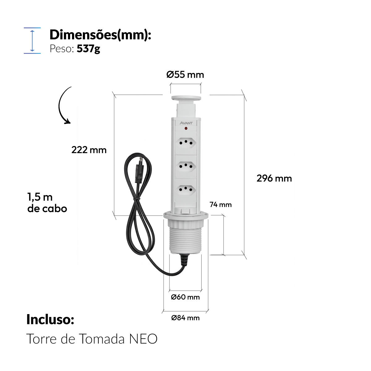 Torre 3 Tomadas Houdini Embutir 16A Retrátil Branco Avant