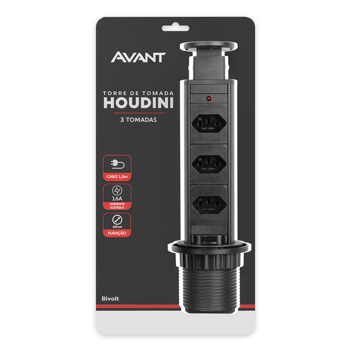 Torre 3 Tomadas Houdini Embutir 16A Automática Preto Avant