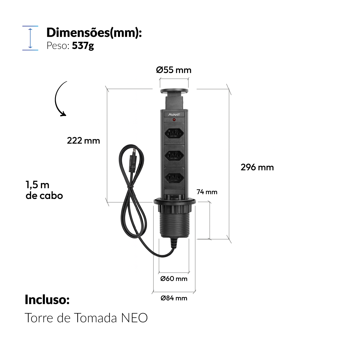 Torre 3 Tomadas Houdini Embutir 16A Automática Preto Avant