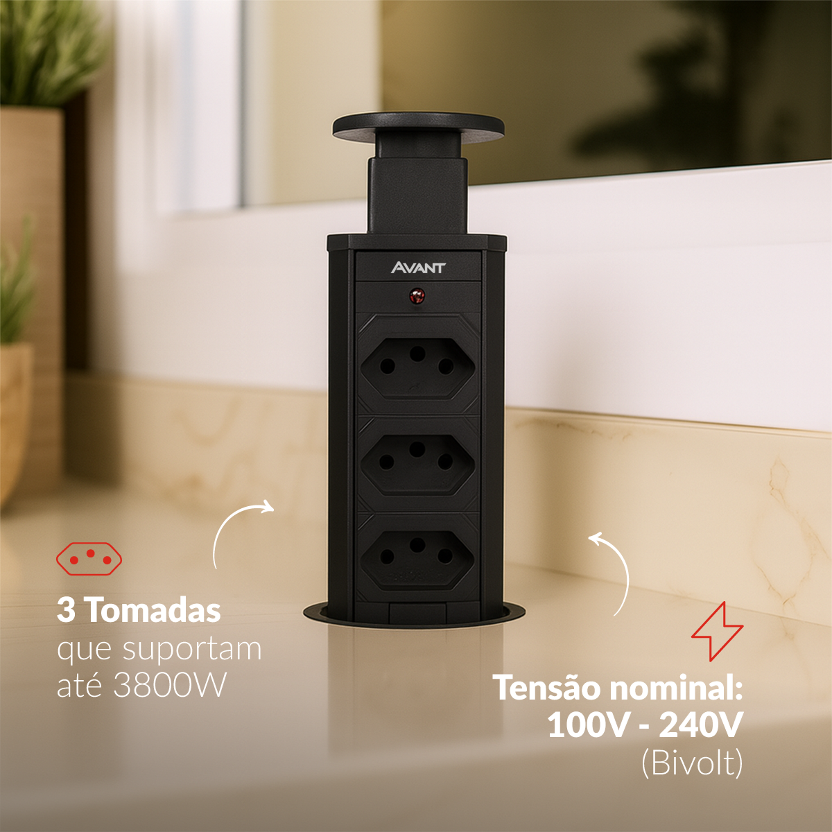 Torre 3 Tomadas Houdini Embutir 16A Automática Preto Avant