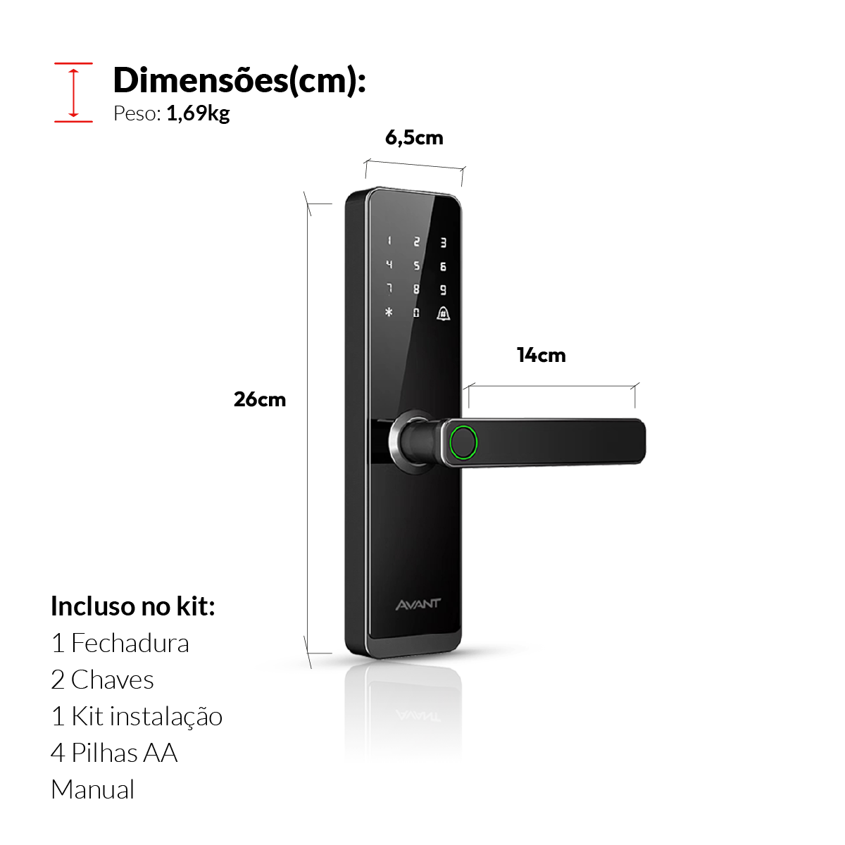 Fechadura Eletronica Motion Biometria Embutir Preto Avant