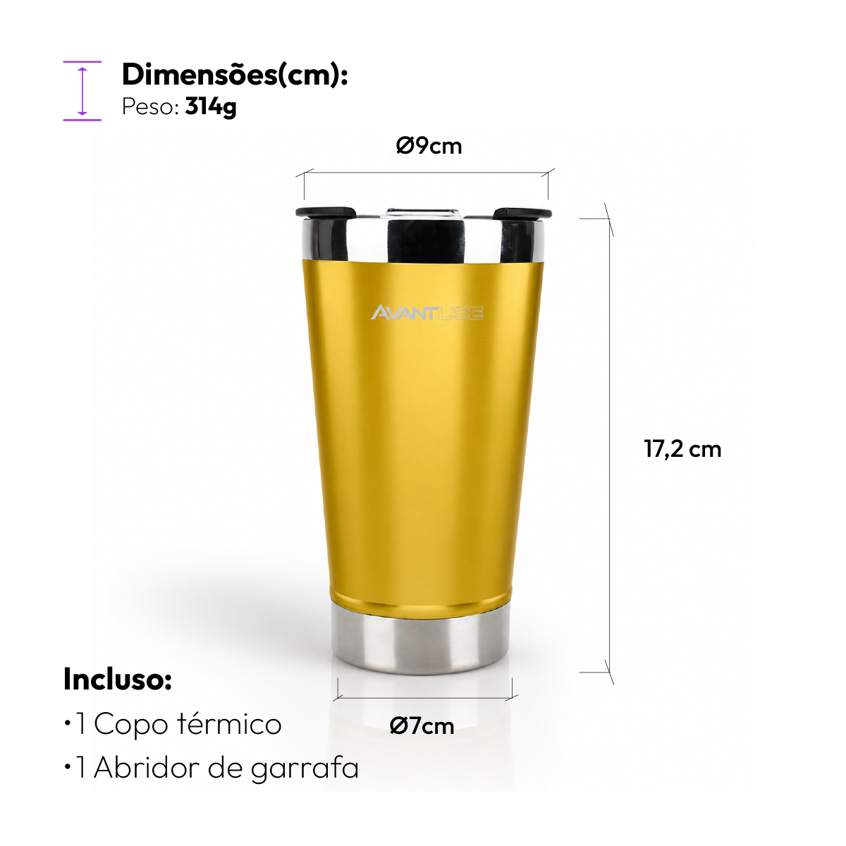 Copo Térmico Class com tampa 473ml Amarelo Aço Inox Gela por até 6h Cod: 292075106 Avant Use