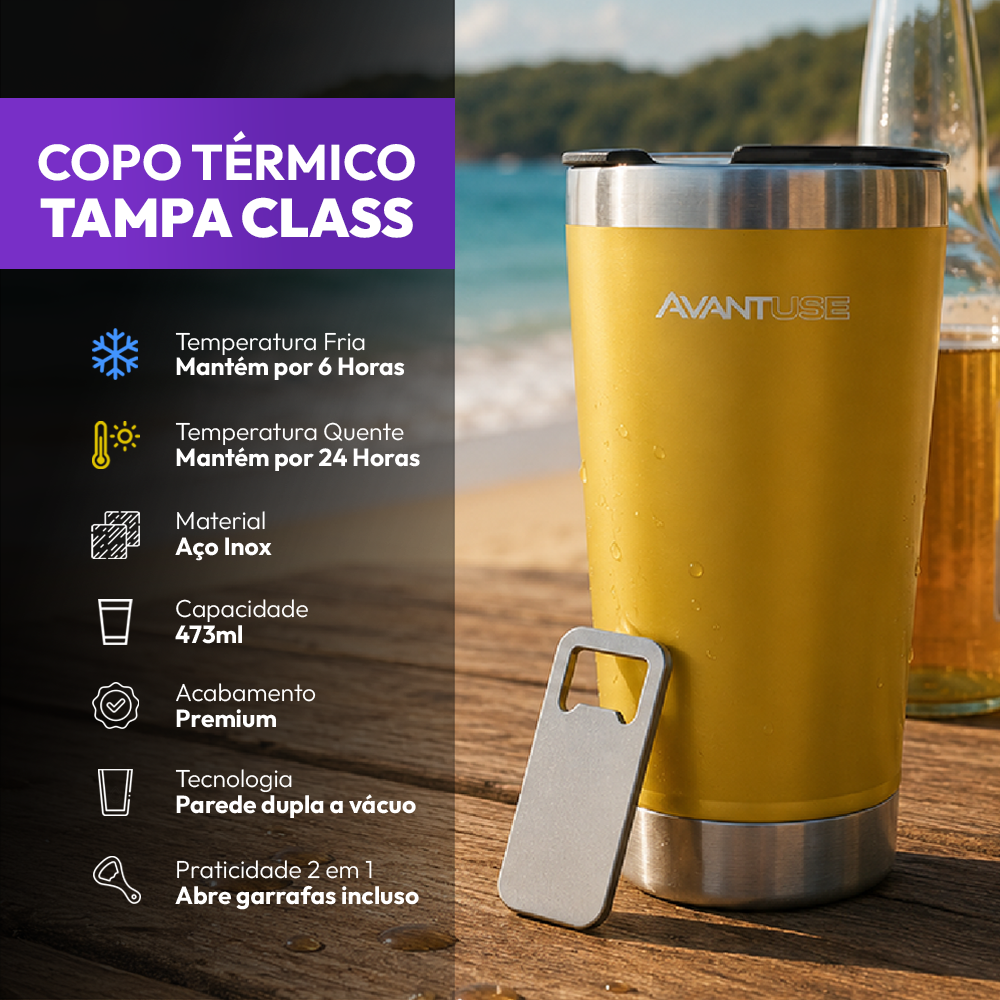 Copo Térmico Class com tampa 473ml Amarelo Aço Inox Gela por até 6h Cod: 292075106 Avant Use
