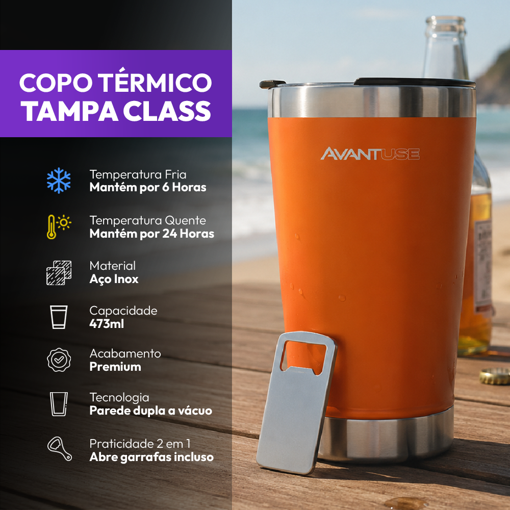 Copo Térmico Class com tampa 473ml Laranja Aço Inox Gela por até 6h Cod: 292074109 Avant Use