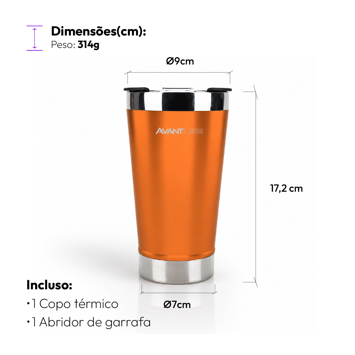 Copo Térmico Class com tampa 473ml Laranja Aço Inox Gela por até 6h Cod: 292074109 Avant Use