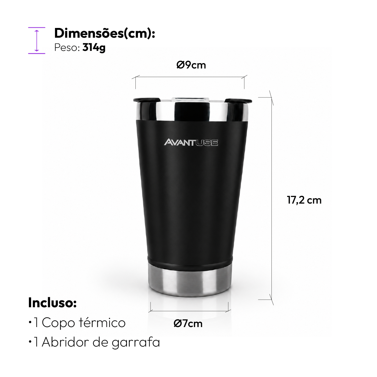 Copo Térmico Class com tampa 473ml Preto Aço Inox Gela por até 6h Cod: 292075809 Avant Use