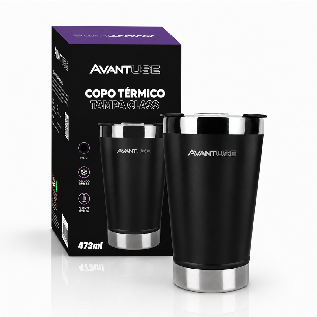 Copo Térmico Class com tampa 473ml Preto Aço Inox Gela por até 6h Cod: 292075809 Avant Use