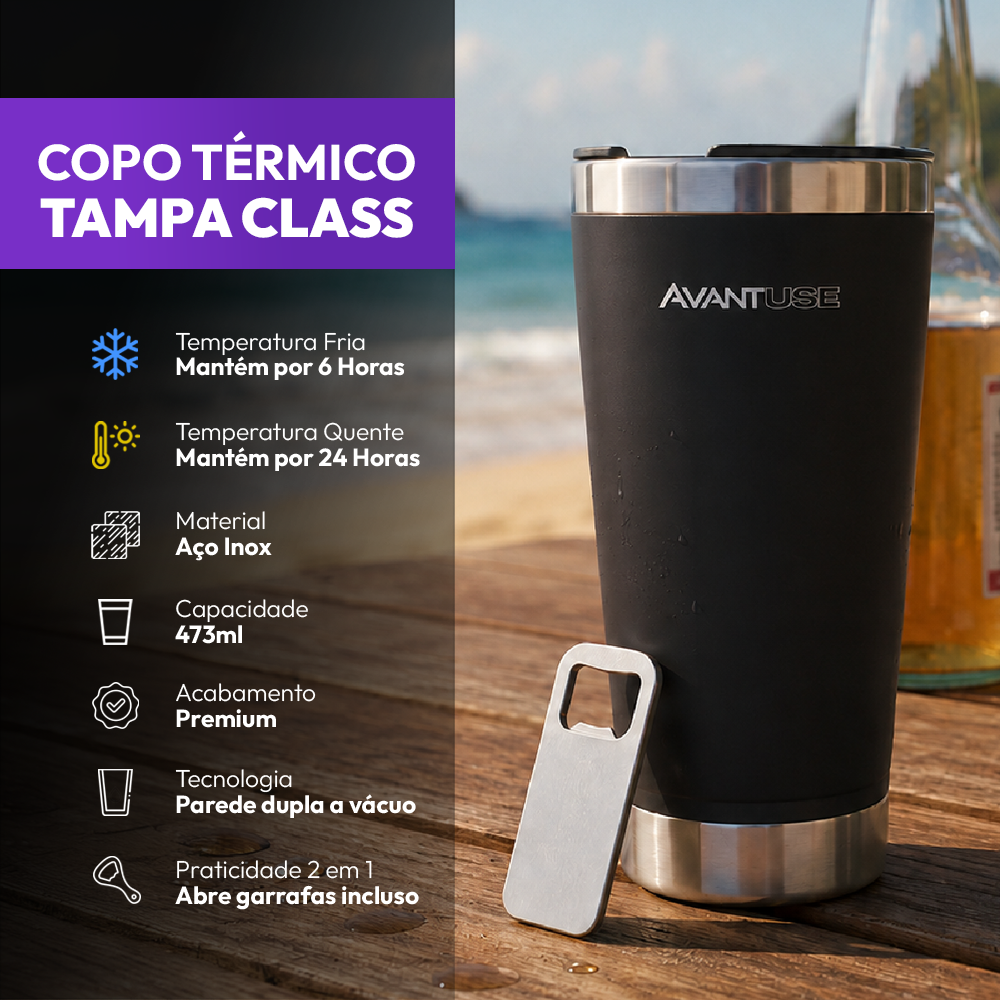 Copo Térmico Class com tampa 473ml Preto Aço Inox Gela por até 6h Cod: 292075809 Avant Use