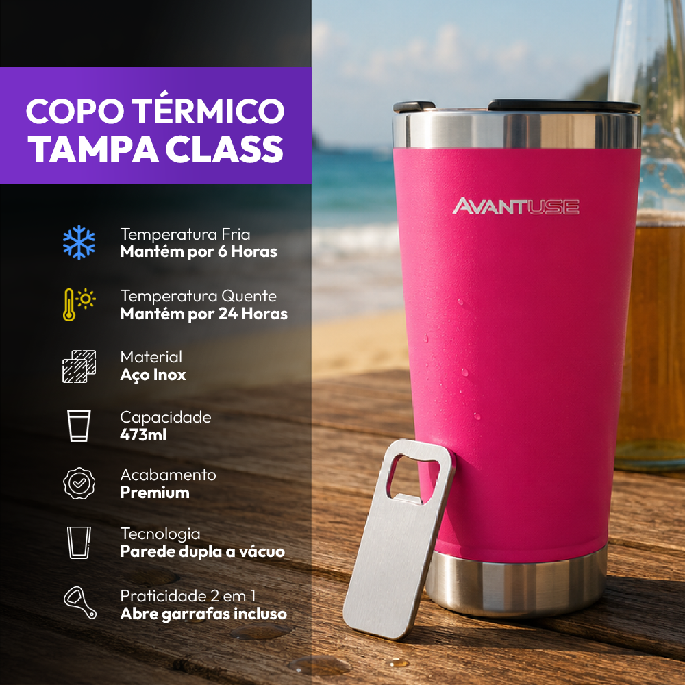Copo Térmico Class com tampa 473ml Rosa Aço Inox Gela por até 6h Cod: 292075502 Avant Use