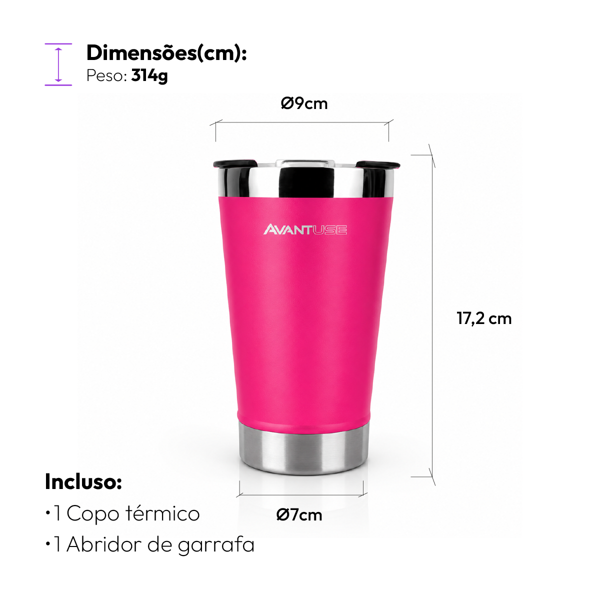 Copo Térmico Class com tampa 473ml Rosa Aço Inox Gela por até 6h Cod: 292075502 Avant Use