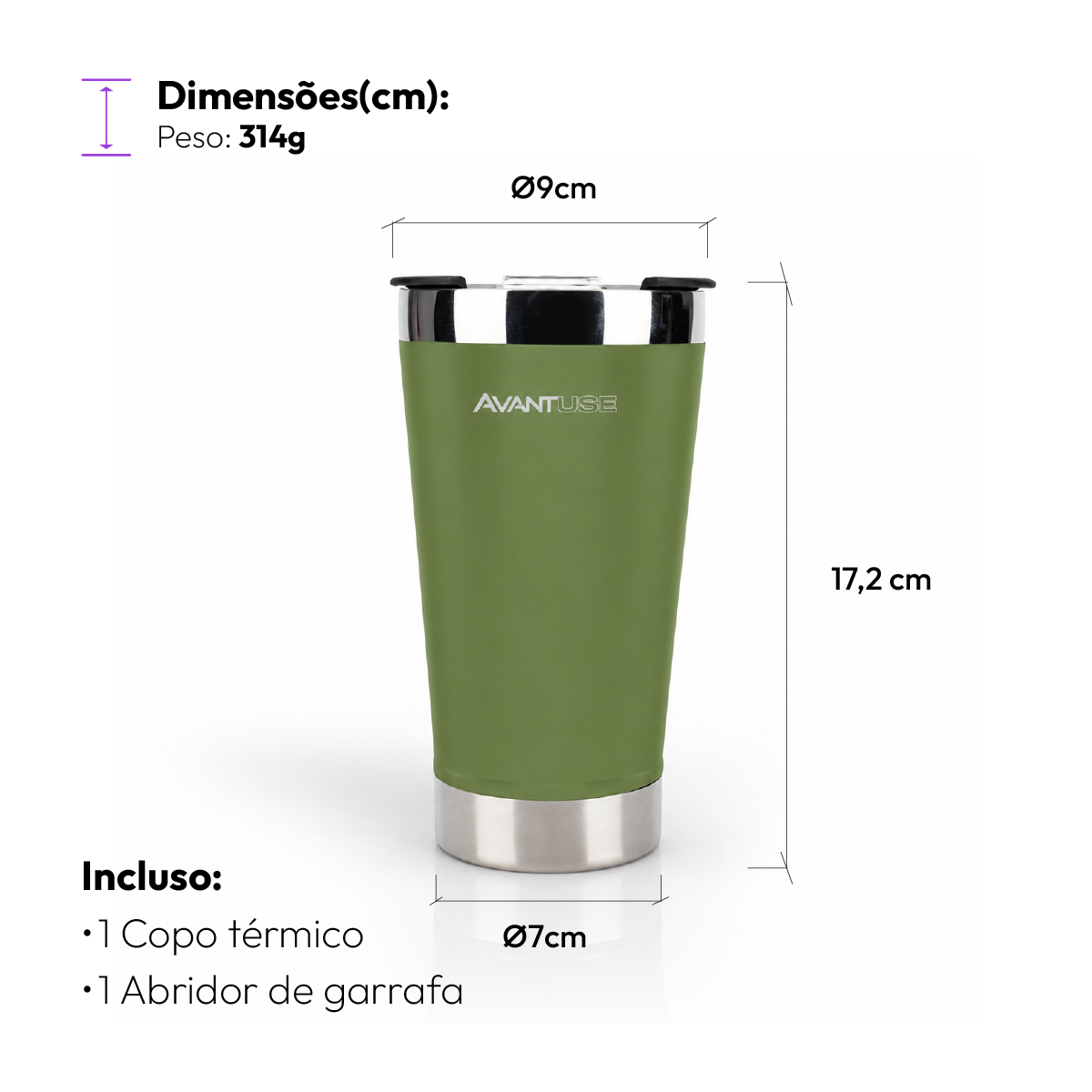 Copo Térmico Class com tampa 473ml Verde Aço Inox Gela por até 6h Cod: 292075304 Avant Use