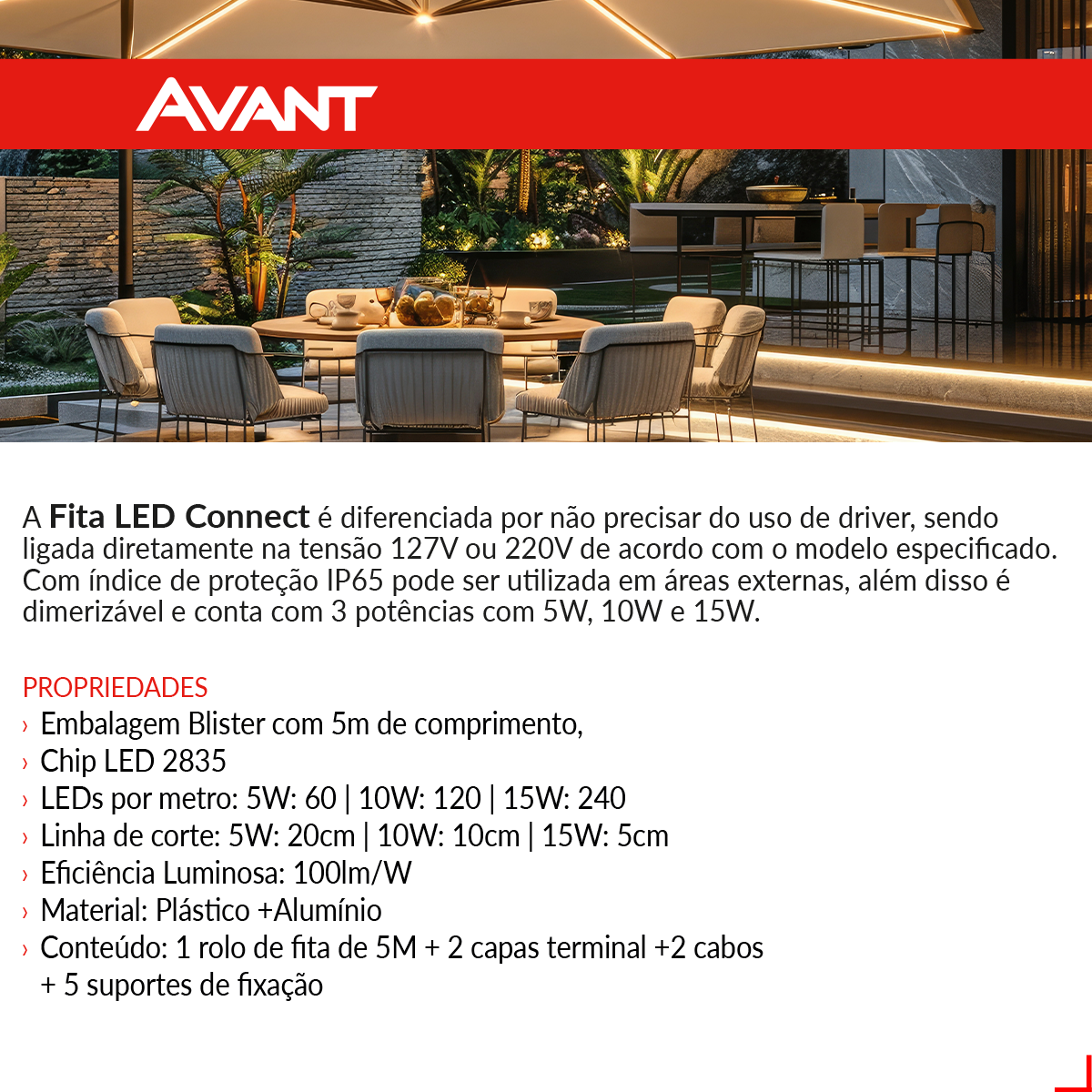 Fita Led Connect 5w 2700k Branco Quente 5 Metros 220v Tensão Direta 60 Leds/m a prova dágua Cod: 148003035 Avant