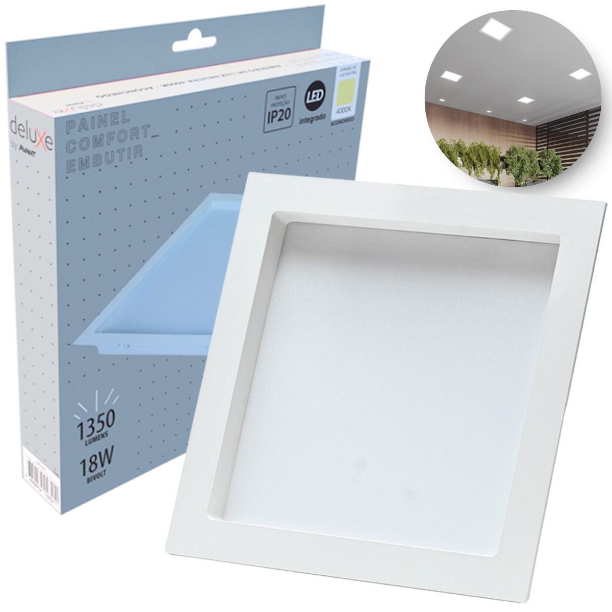 Painel Led Recuado Comfort 18w 4000k Branco Neutro IP20 Bivolt Branco Avant