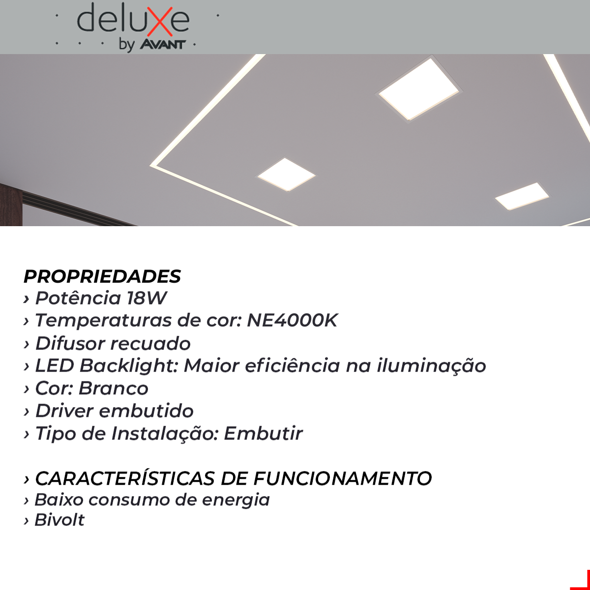 Painel Led Recuado Comfort 18w 4000k Branco Neutro IP20 Bivolt Branco Avant