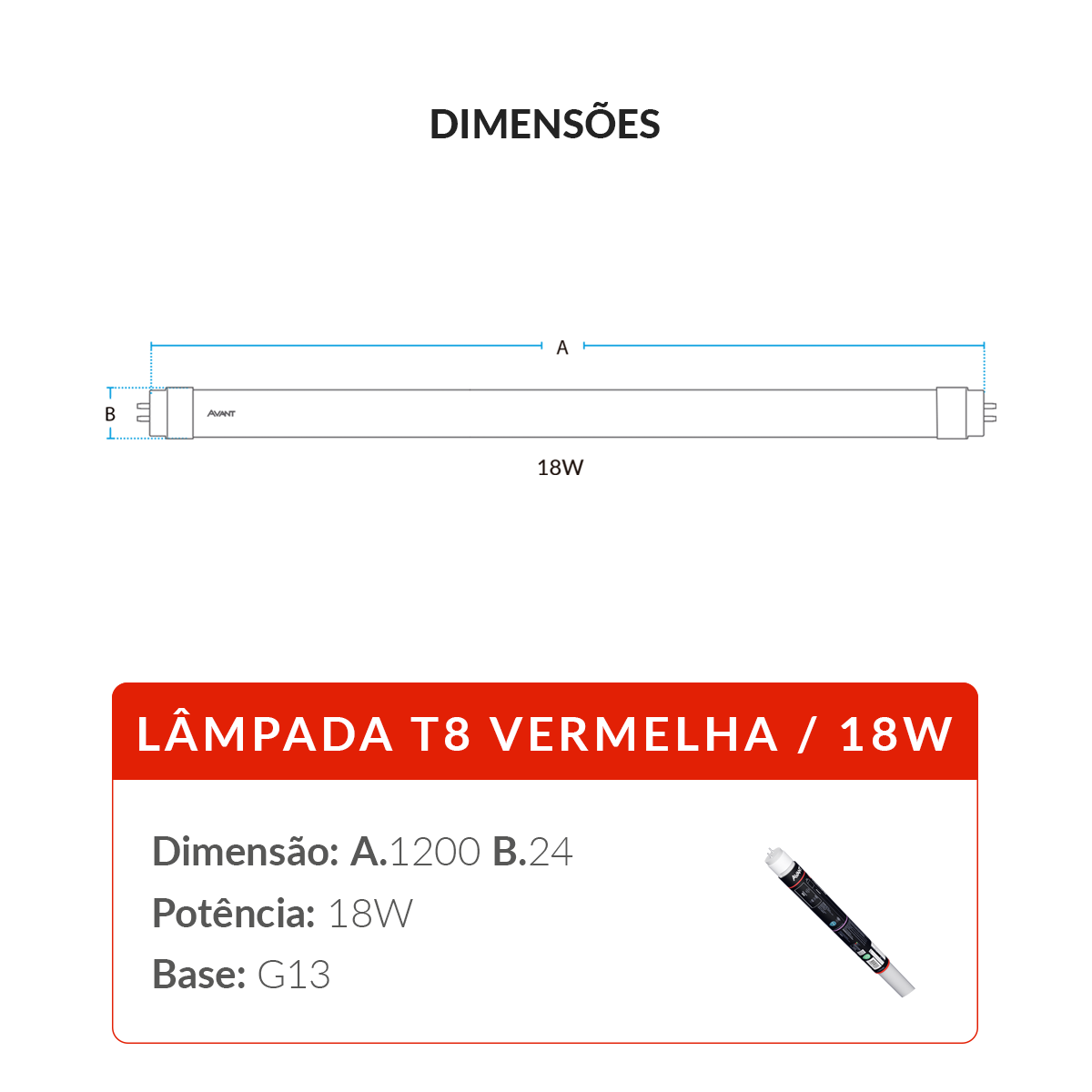 Lâmpada Led Tubular T8 18w Vermelha G13 Bivolt IP20 Avant