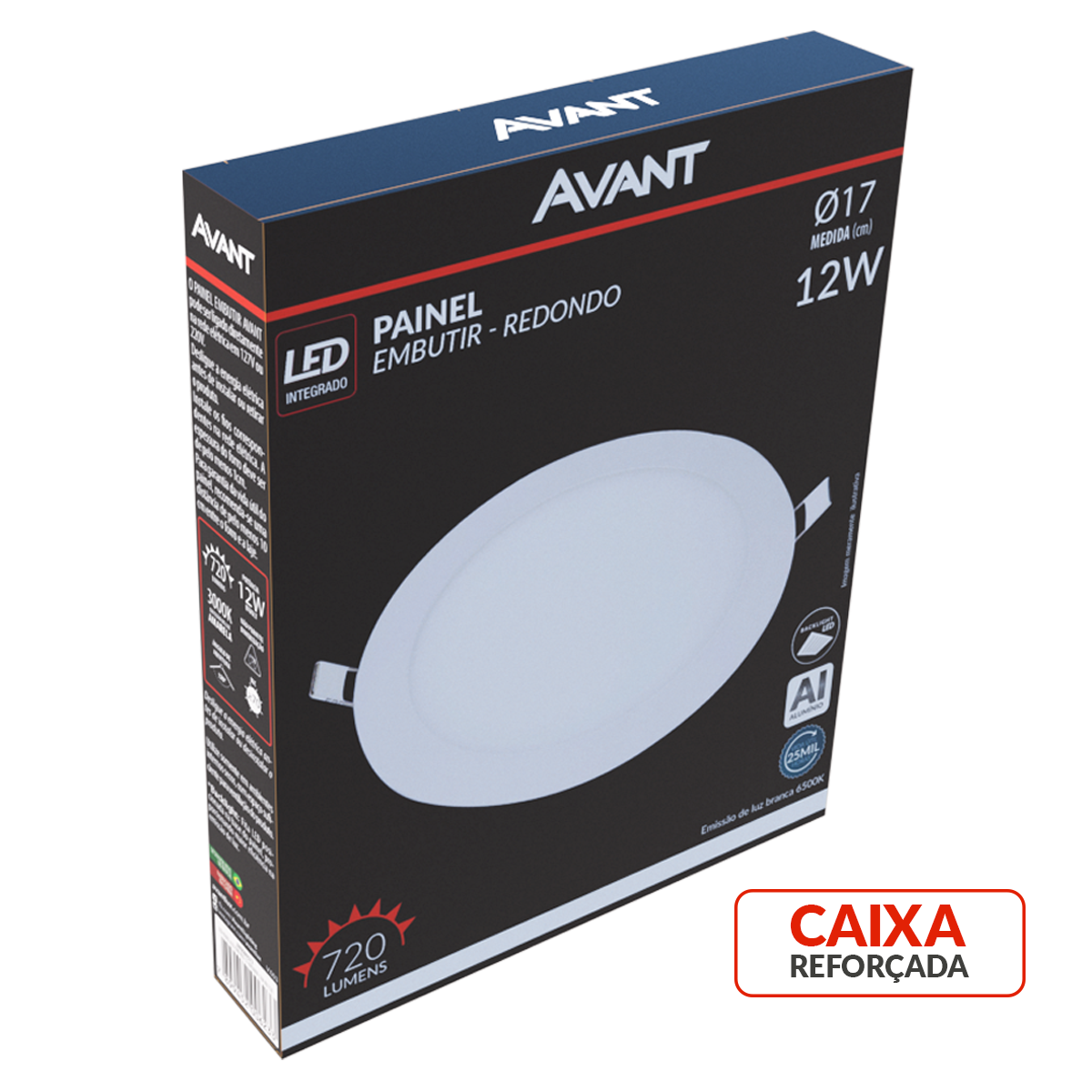 Painel Alumínio Embutir 12W 6500k Branco Frio Bivolt 17cm Redondo Branco Avant