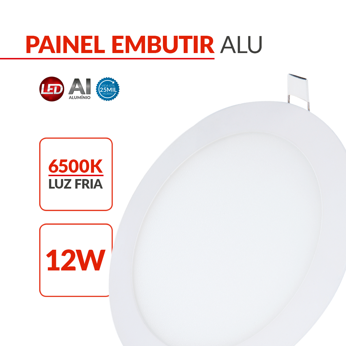Painel Alumínio Embutir 12W 6500k Branco Frio Bivolt 17cm Redondo Branco Avant