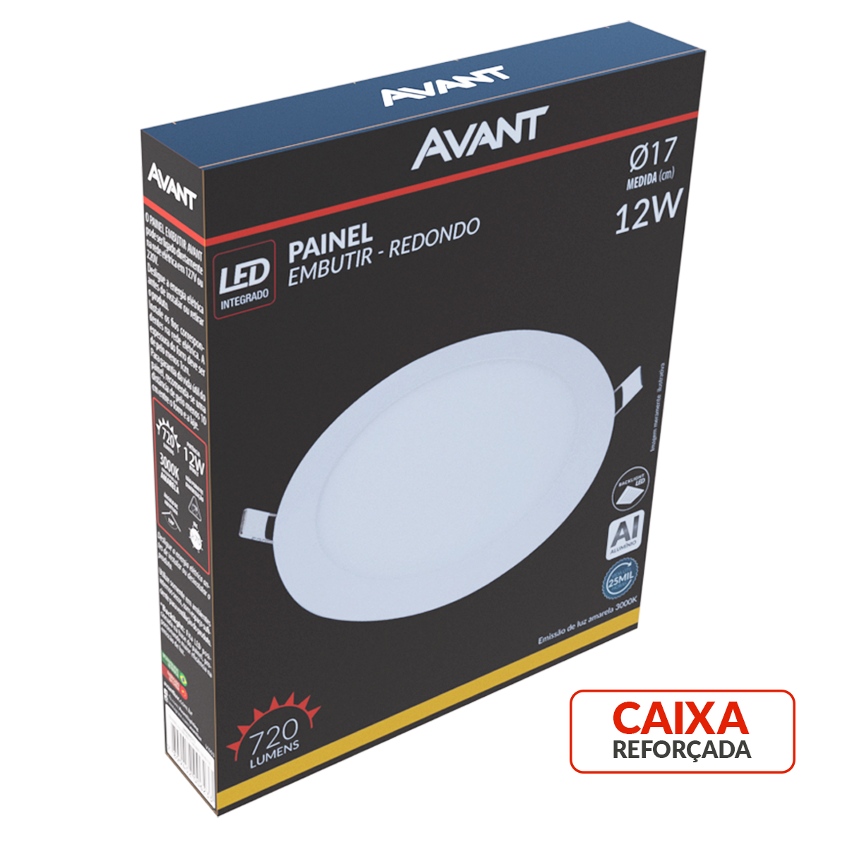 Painel Alumínio Embutir 12W 3000k Branco Quente Bivolt 17cm Redondo Branco Avant