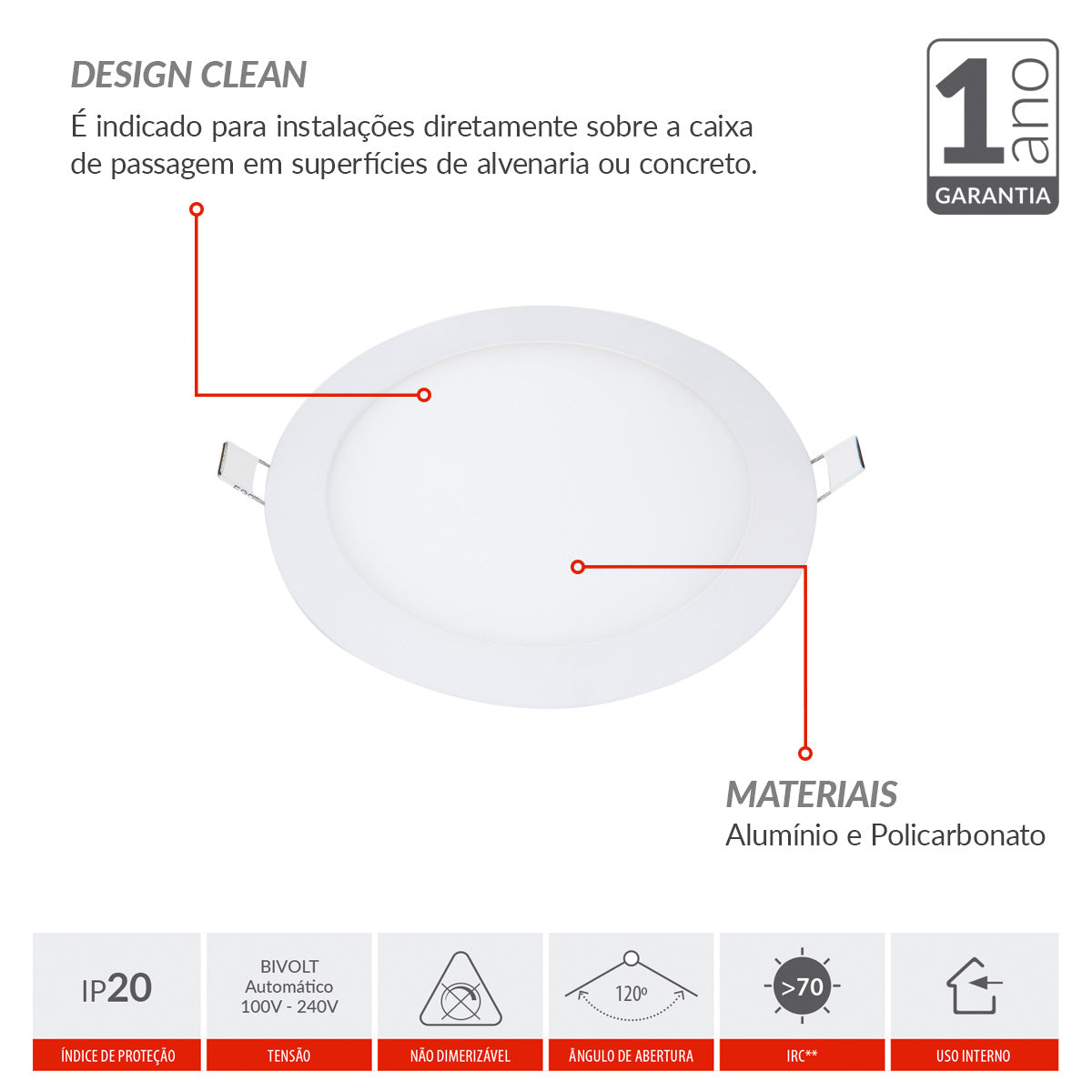 Painel Alumínio Embutir 12W 3000k Branco Quente Bivolt 17cm Redondo Branco Avant