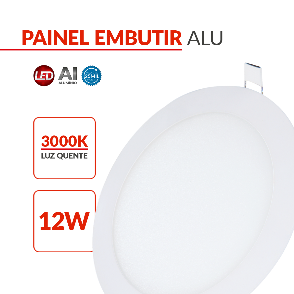 Painel Alumínio Embutir 12W 3000k Branco Quente Bivolt 17cm Redondo Branco Avant