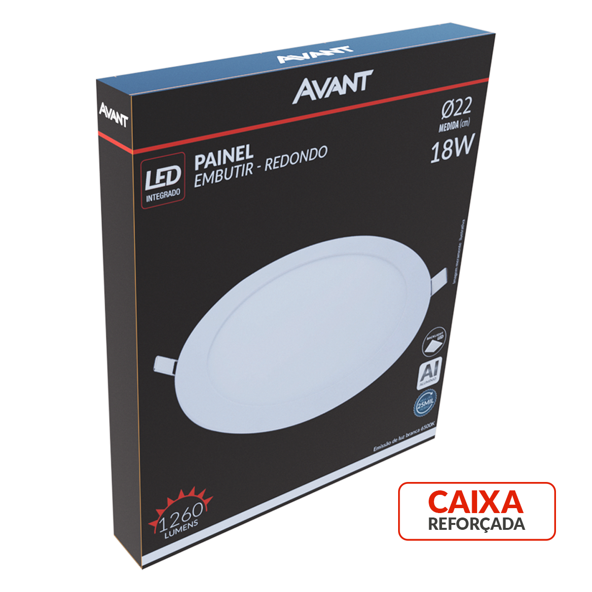 Painel Alumínio Embutir 18W 6500k Branco Frio Bivolt 22cm Redondo Branco Avant
