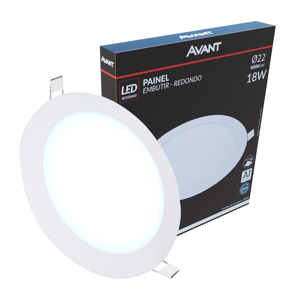 Painel Alumínio Embutir 18W 6500k Branco Frio Bivolt 22cm Redondo Branco Avant