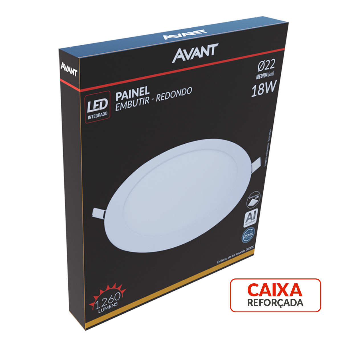 Painel Alumínio Embutir 18W 3000k Branco Quente Bivolt 22cm Redondo Branco Avant