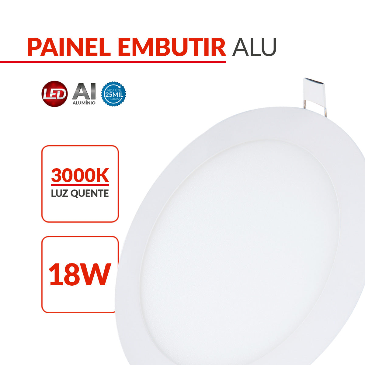 Painel Alumínio Embutir 18W 3000k Branco Quente Bivolt 22cm Redondo Branco Avant