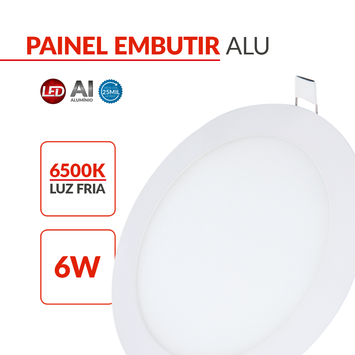 Painel Led Alumínio Redondo Embutir 6w 12w 18w 24w Luz Branco Quente/Neutro/Frio 110v/220v Bivolt Luminária Branco Avant