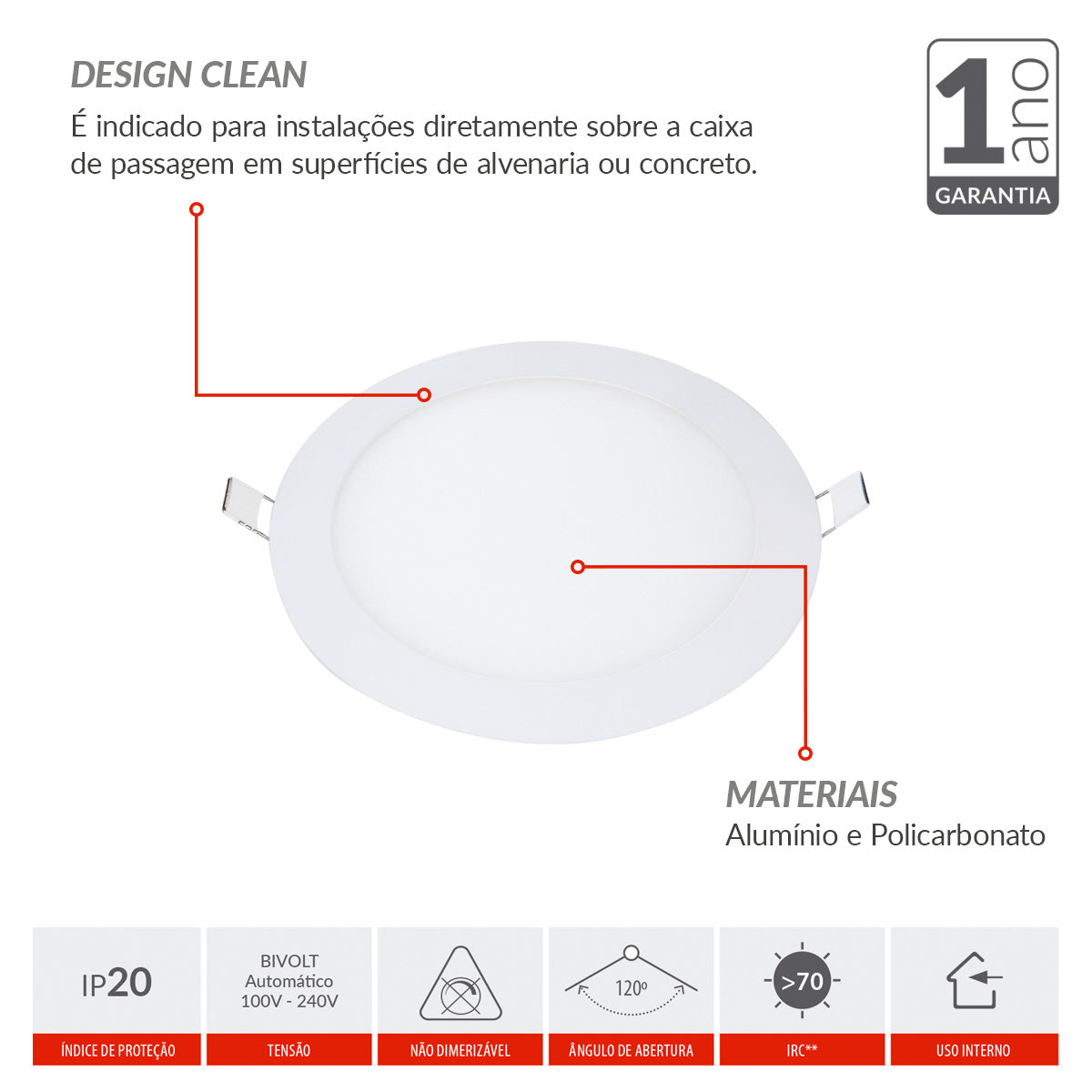 Painel Led Alumínio Redondo Embutir 6w 12w 18w 24w Luz Branco Quente/Neutro/Frio 110v/220v Bivolt Luminária Branco Avant