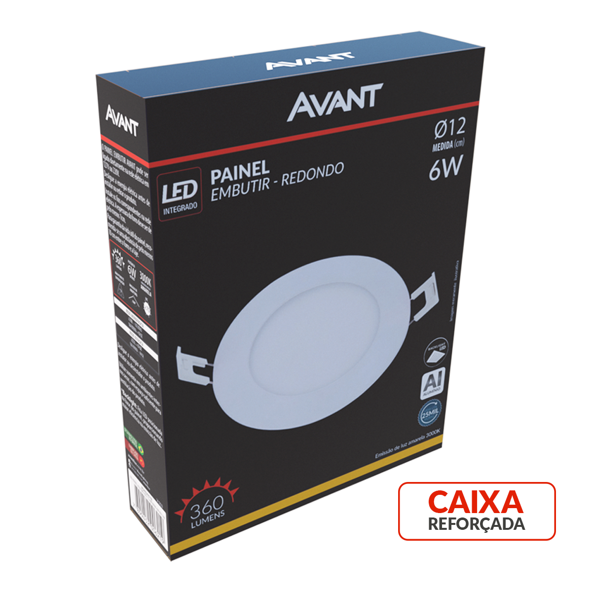 Painel Alumínio Embutir 6W 3000k Branco Quente Bivolt 12cm Redondo Branco Avant
