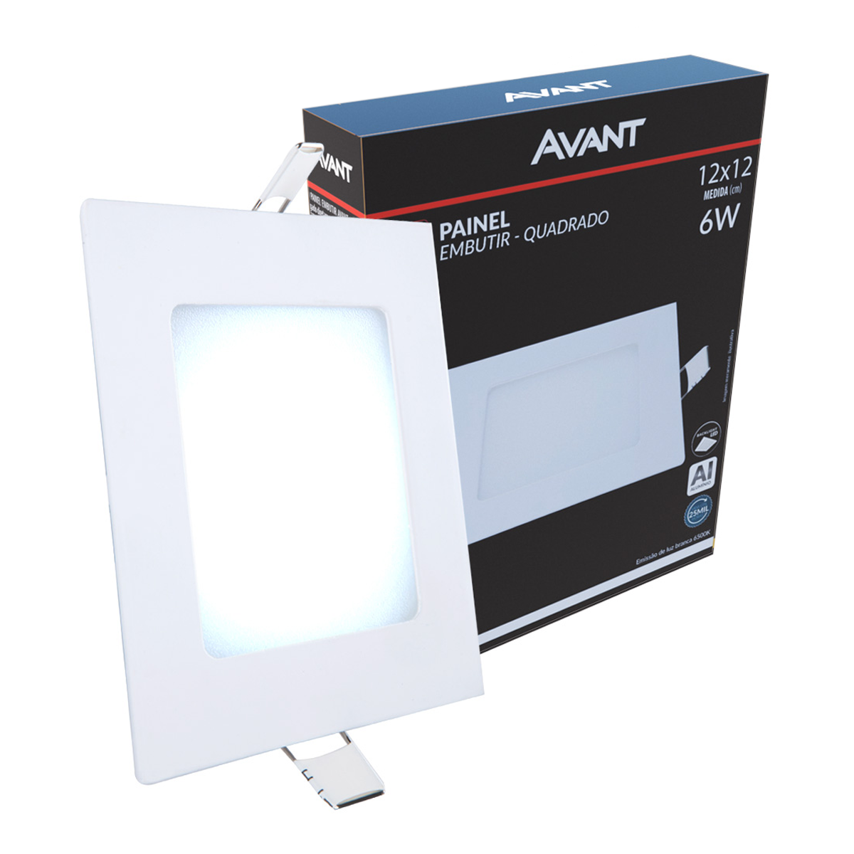 Painel Plafon Alumínio Embutir 6W 6500k Branco Frio 12cm Bivolt Quadrado Avant