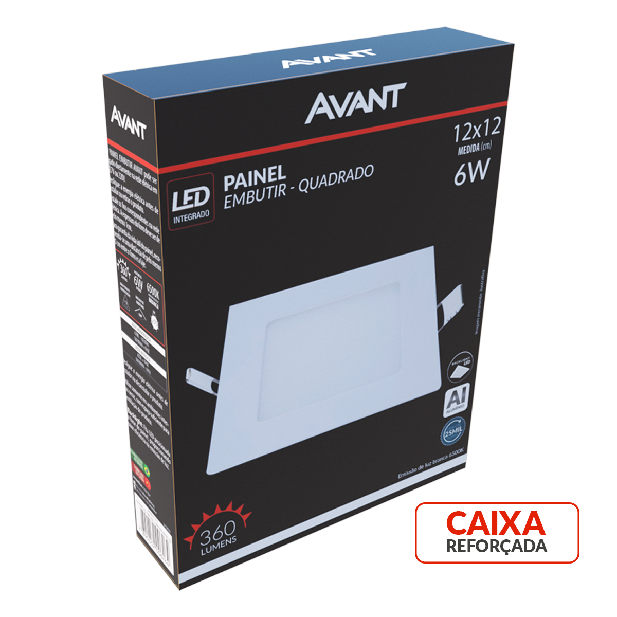 Painel Plafon Alumínio Embutir 6W 6500k Branco Frio 12cm Bivolt Quadrado Avant