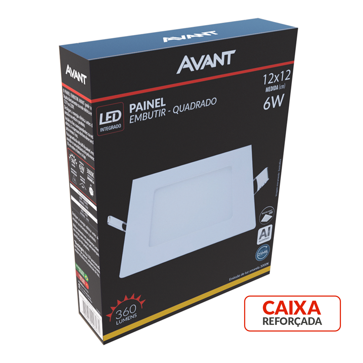 Painel Plafon Alumínio Embutir 6W 3000k Branco Quente 12cm Bivolt Quadrado Avant