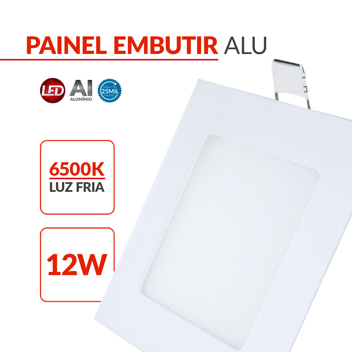 Painel Plafon Alumínio Embutir 12W 6500k Branco Frio 17cm Bivolt Quadrado Avant