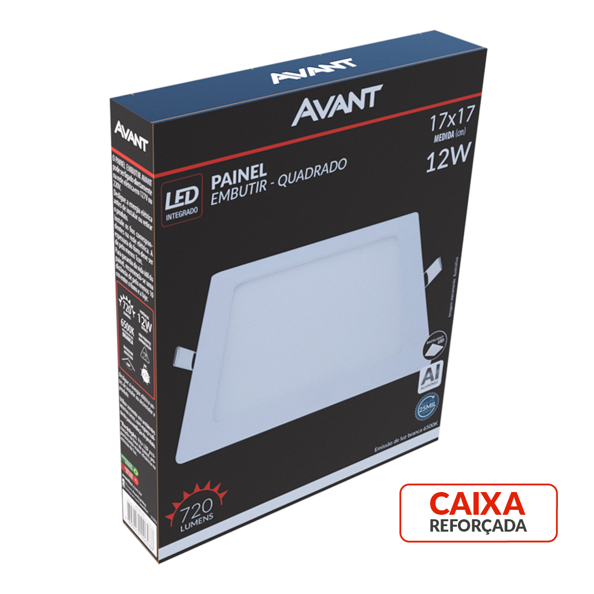 Painel Plafon Alumínio Embutir 12W 6500k Branco Frio 17cm Bivolt Quadrado Avant