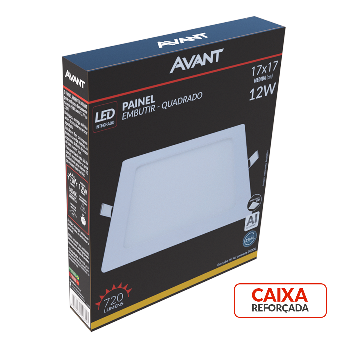 Painel Plafon Alumínio Embutir 12W 3000k Branco Quente 17cm Bivolt Quadrado Avant