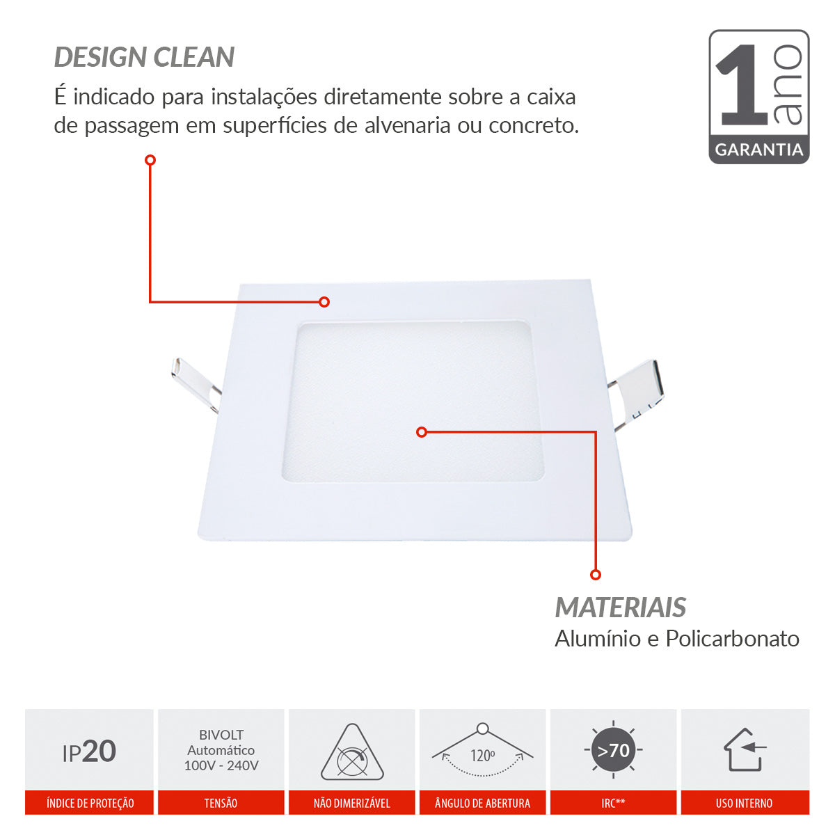 Painel Plafon Alumínio Embutir 12W 3000k Branco Quente 17cm Bivolt Quadrado Avant