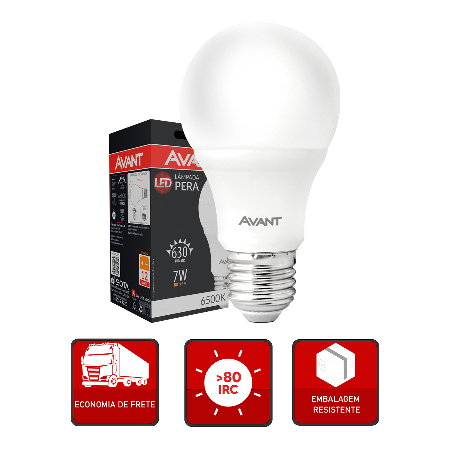 Lâmpada Led Pera HP 7W 630lm 6500k 12V E27 Avant