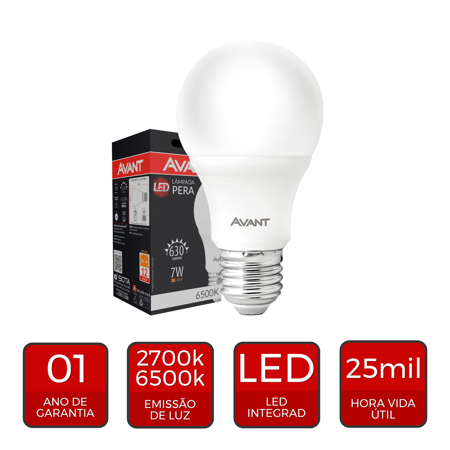 Lâmpada Led Pera HP 7W 630lm 6500k 12V E27 Avant