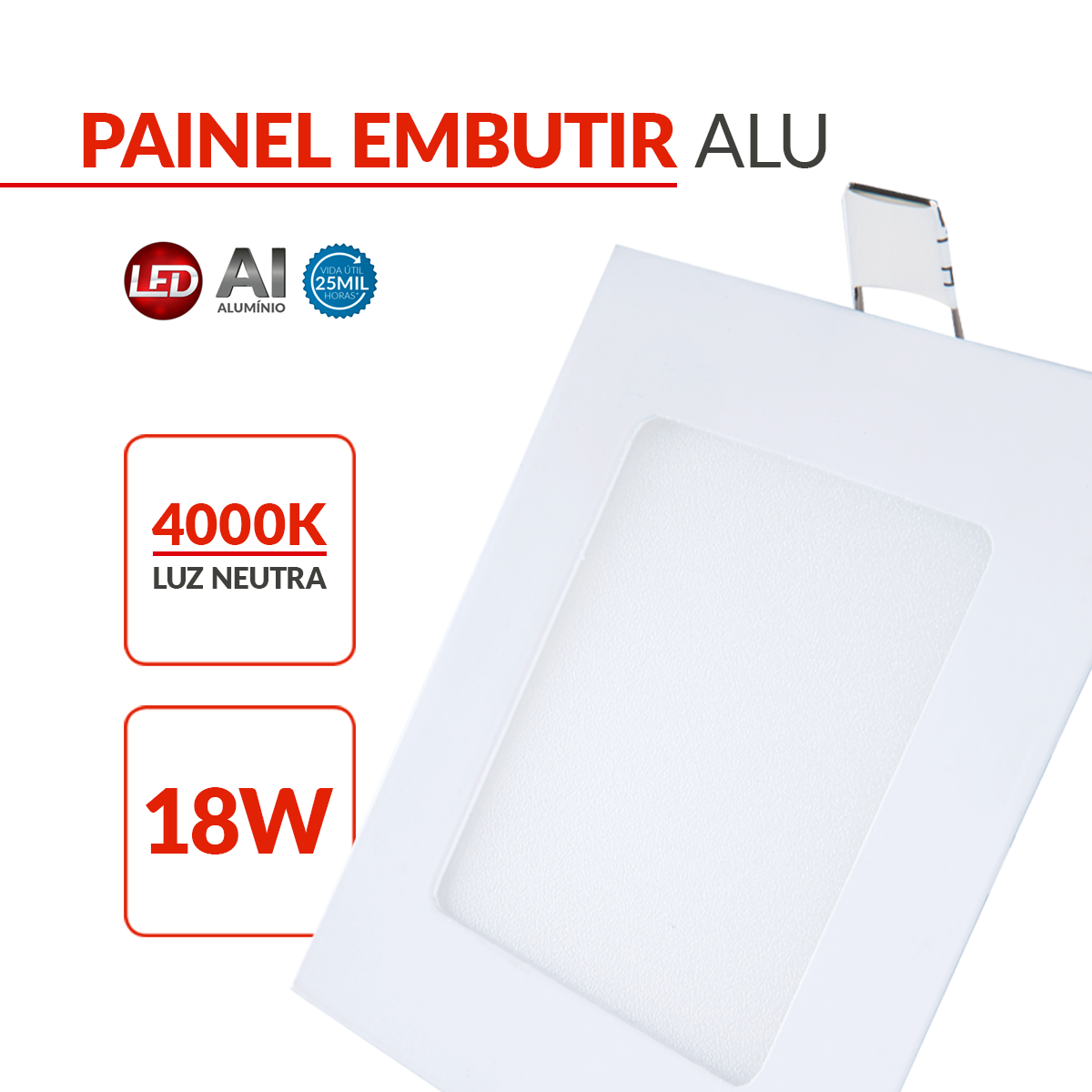 Painel Plafon Alumínio Embutir 18W 4000k Branco Neutro 22cm Bivolt Quadrado Avant