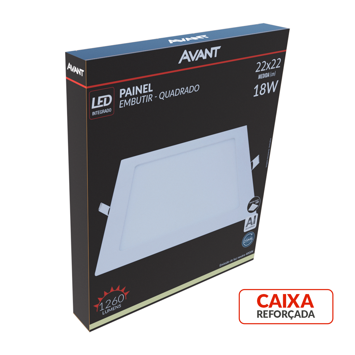 Painel Plafon Alumínio Embutir 18W 4000k Branco Neutro 22cm Bivolt Quadrado Avant