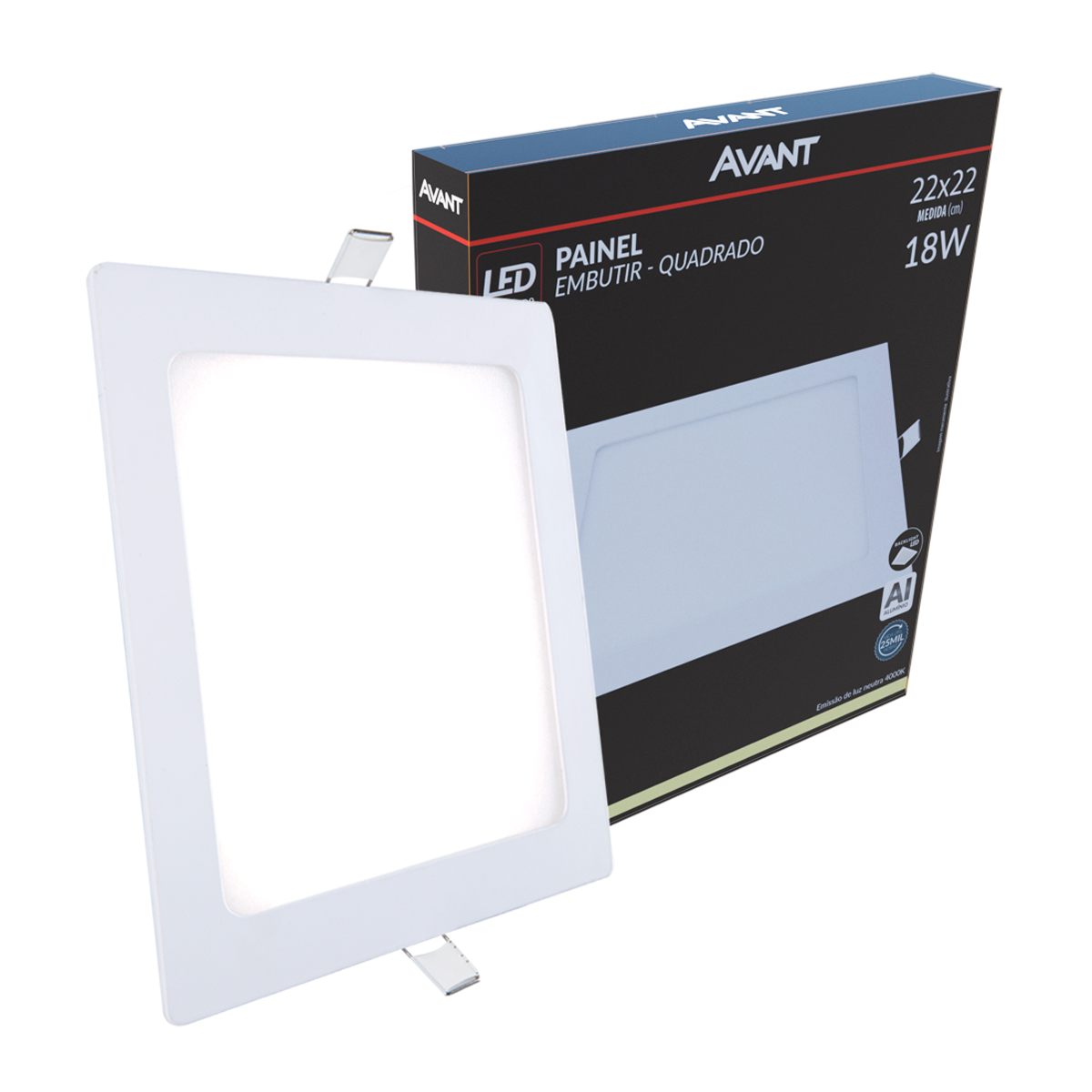 Painel Plafon Alumínio Embutir 18W 4000k Branco Neutro 22cm Bivolt Quadrado Avant